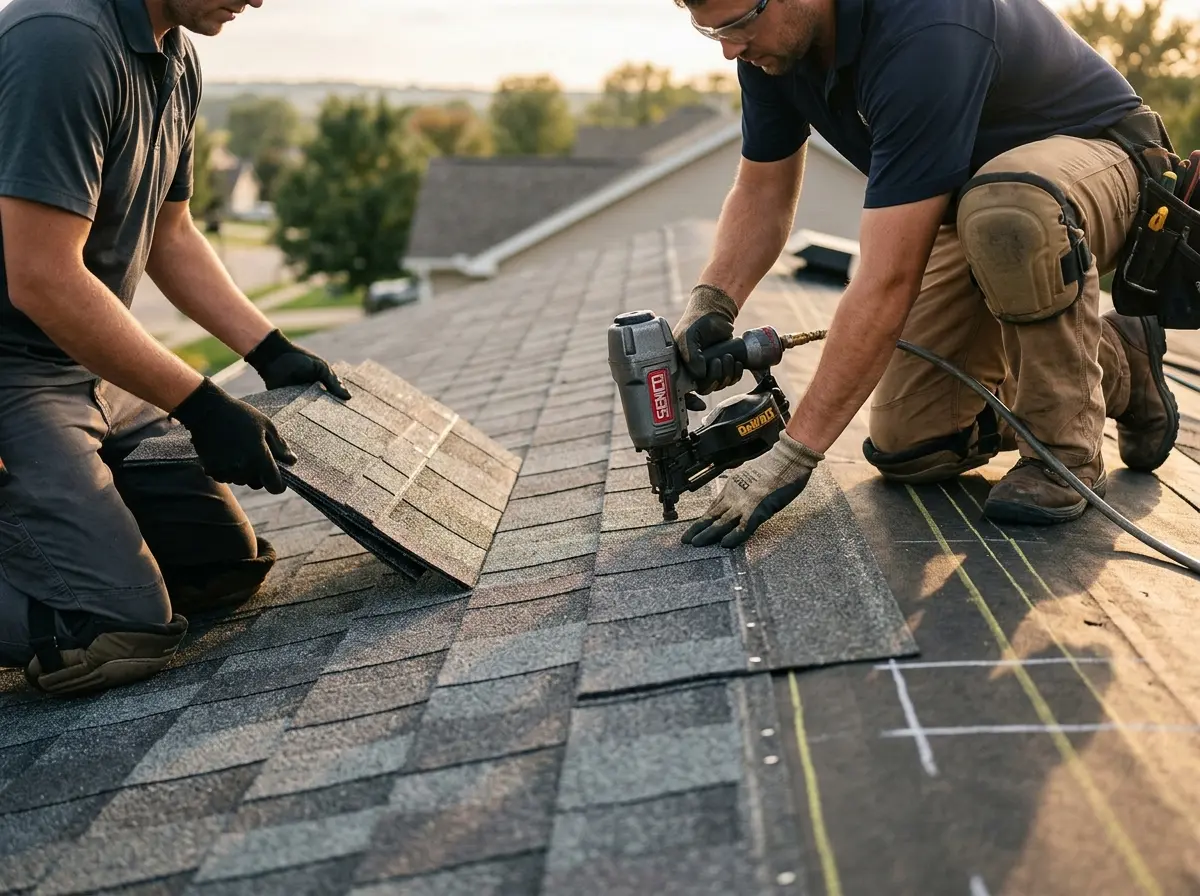 Professional roofer working on a residential roof in Ridgefield